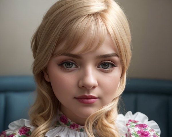 Young girl in floral dress with soft expression