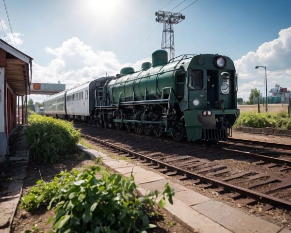 Green Vintage Locomotive Pulling Passenger Cars on Track
