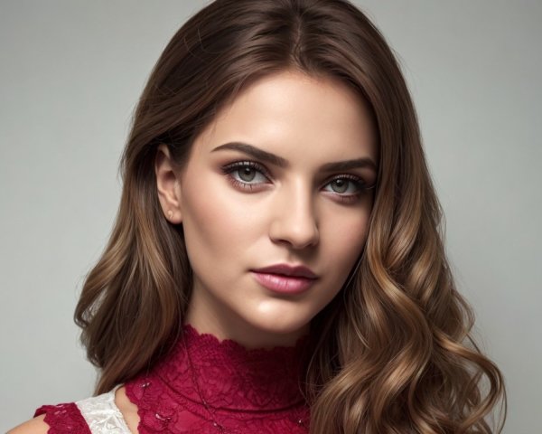 Young woman in red lace attire with wavy hair