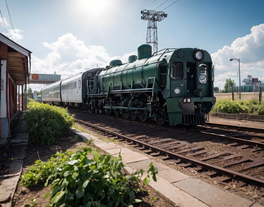 Green Vintage Locomotive Pulling Passenger Cars on Track