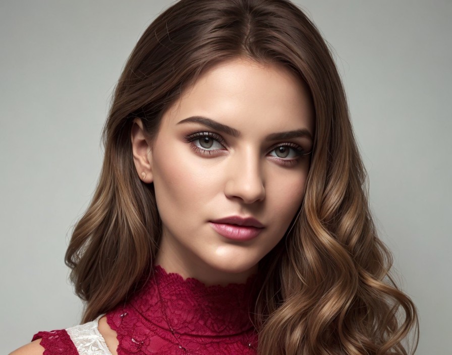 Young woman in red lace attire with wavy hair