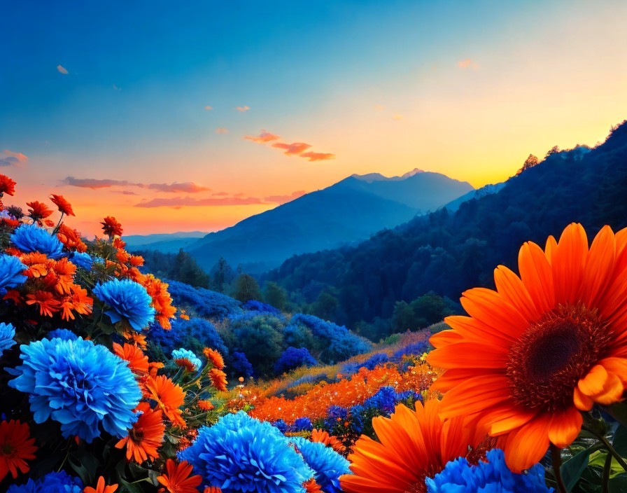 Vivid Sunset Over Mountain Landscape with Flowers
