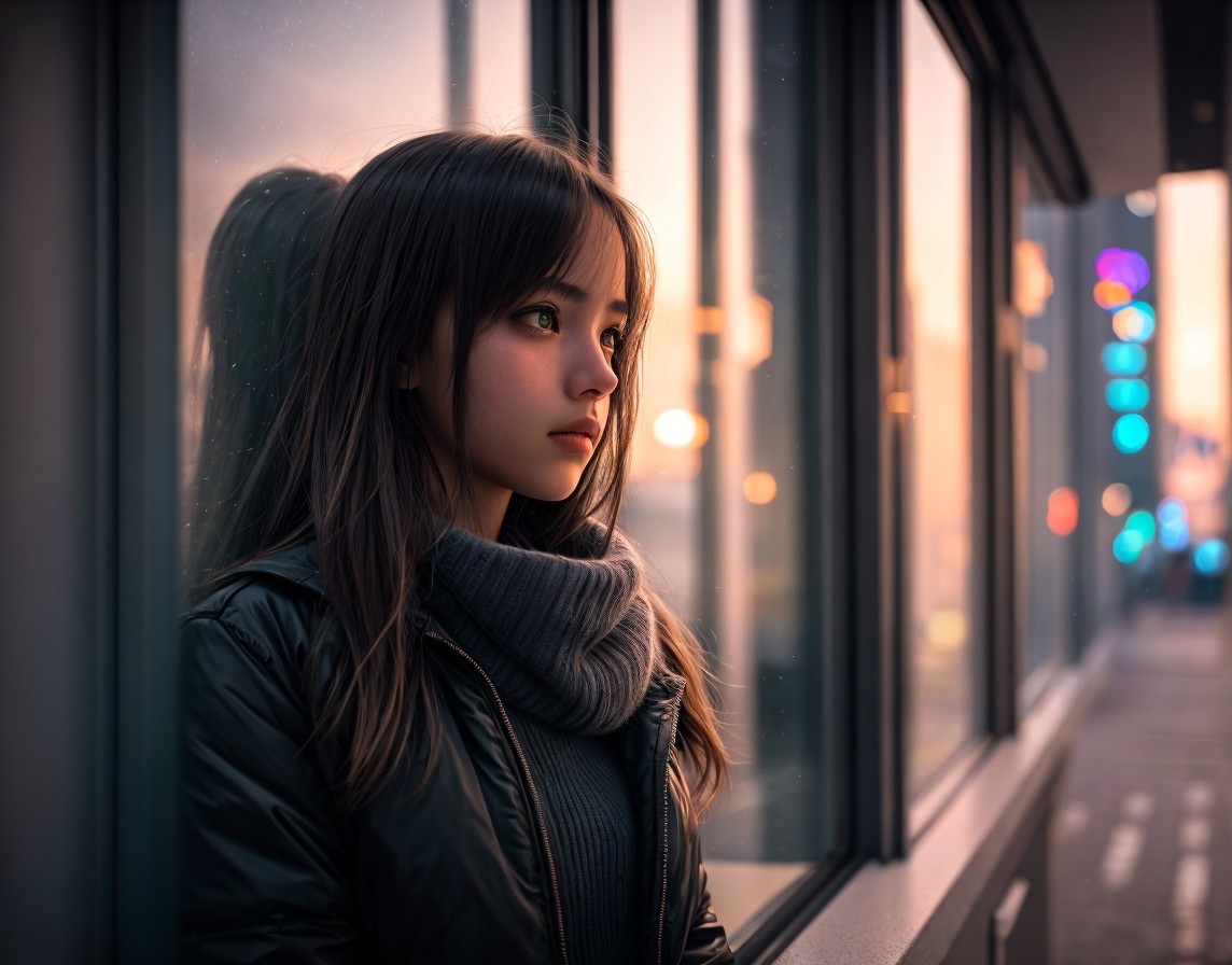 Contemplative Woman by Window at Dusk with City Lights