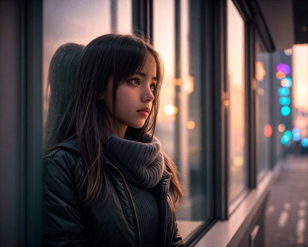 Contemplative Woman by Window at Dusk with City Lights