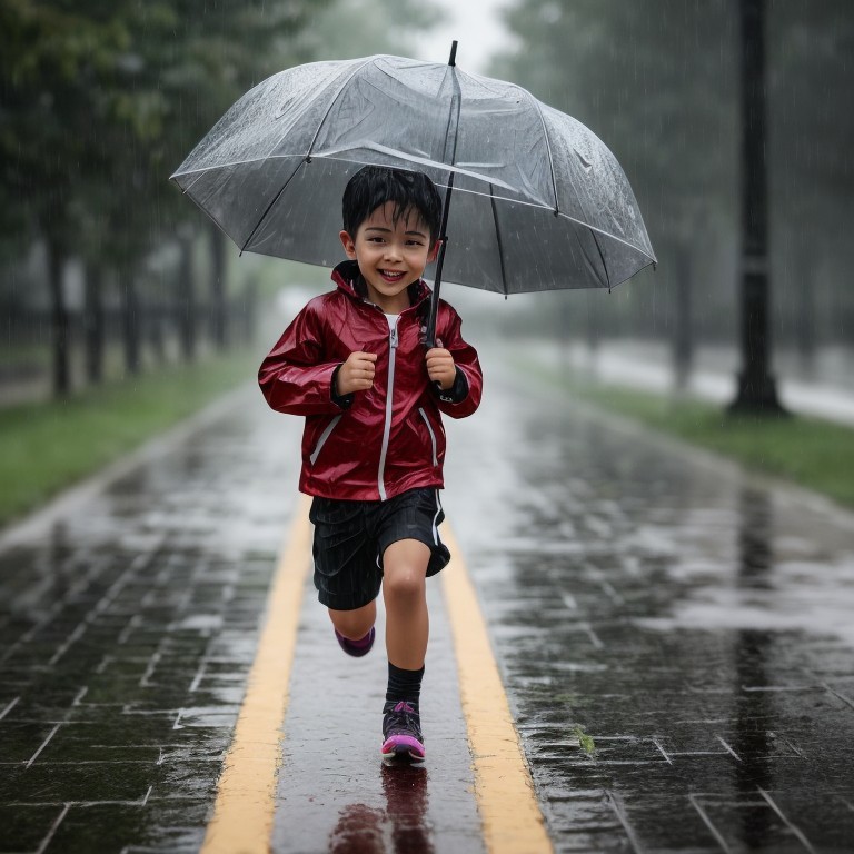Child with umbrella on wet path during rainfall