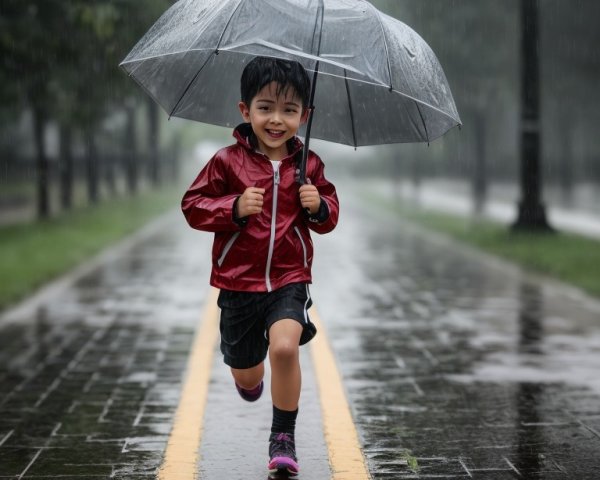 Child with umbrella on wet path during rainfall