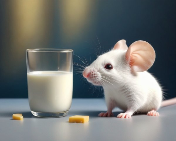 White Mouse Next to Milk and Cheese on Reflective Surface