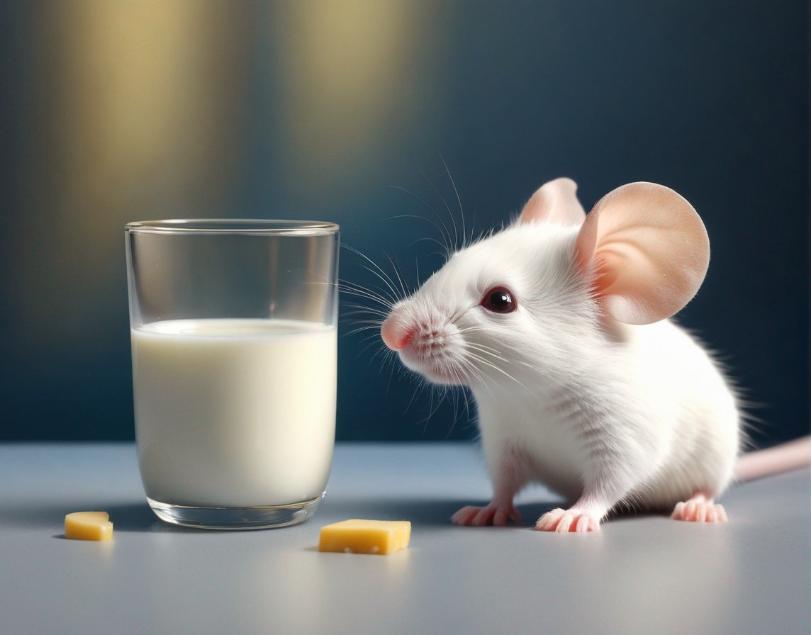White Mouse Next to Milk and Cheese on Reflective Surface