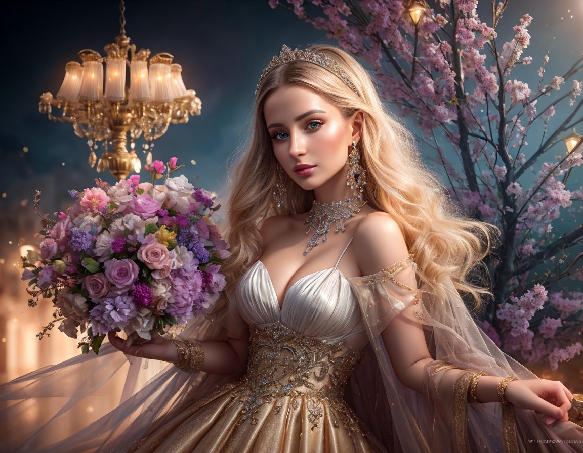 Elegant Woman in Golden Gown with Bouquet and Chandelier