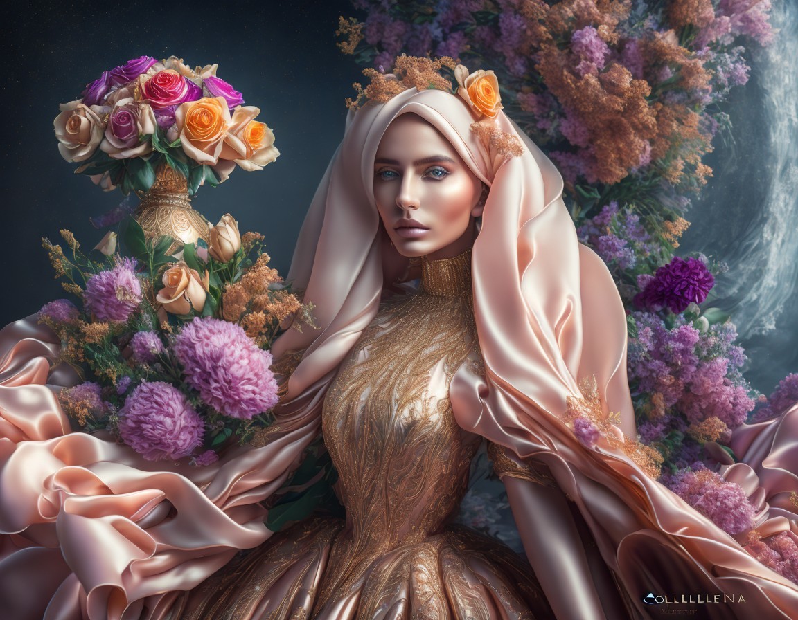 Elegant Woman in Golden Attire Surrounded by Flowers