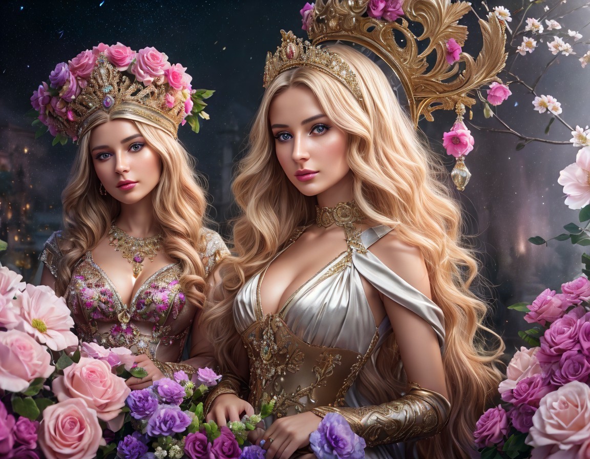 Royal Women in Elaborate Attire Surrounded by Roses