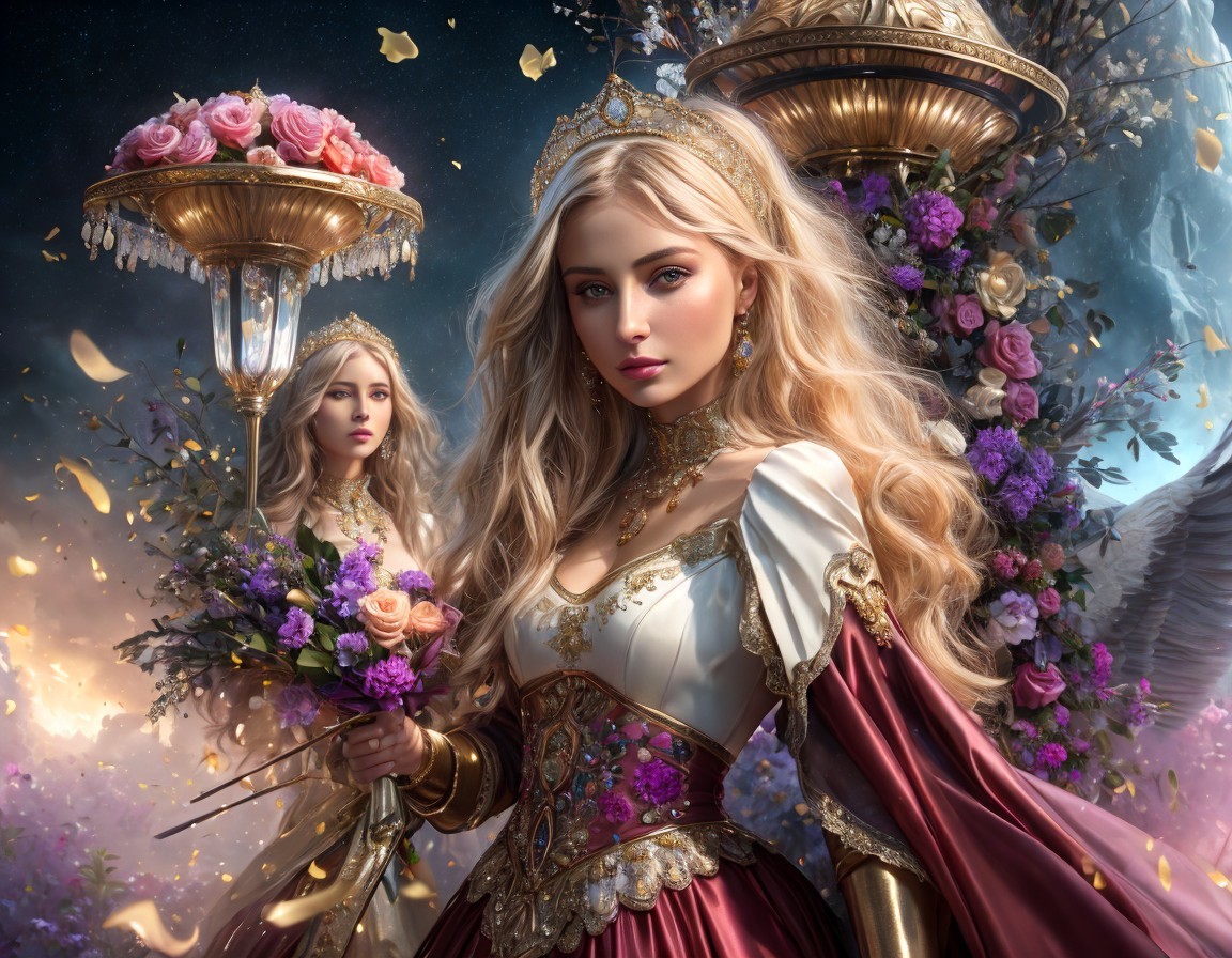 Regal woman in gown with flowers and magical light