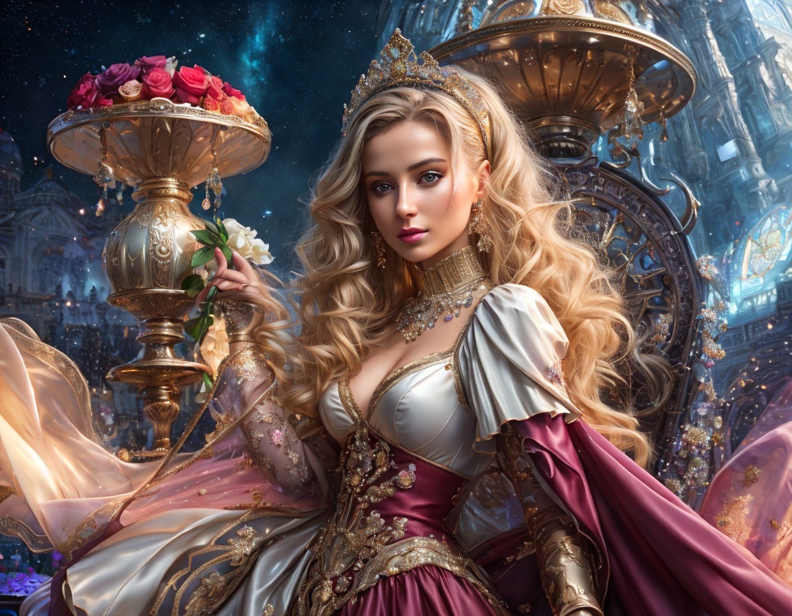 Regal Woman in Ornate Dress with Cityscape Background