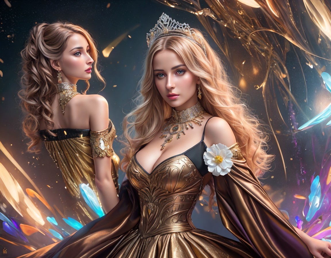Regal woman in crown and golden gown with mirror image