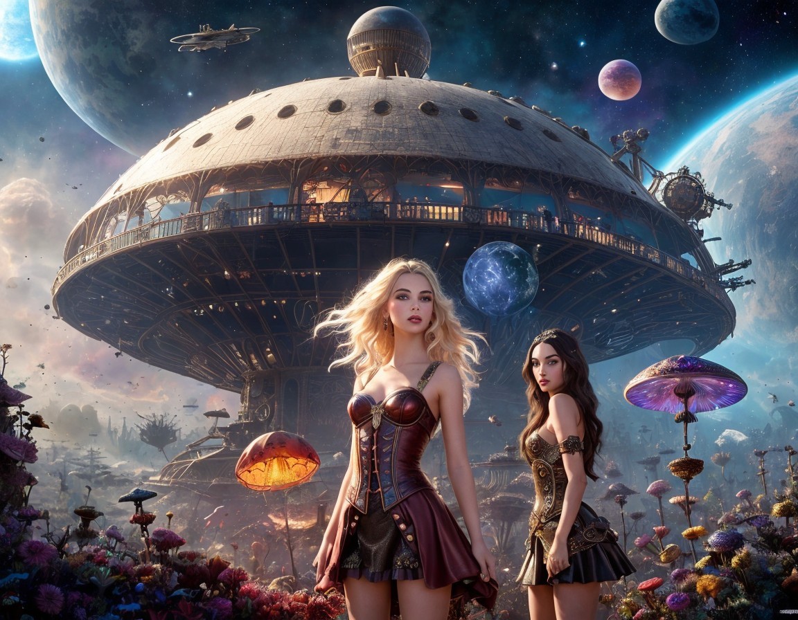 Women in Fantasy Outfits in Alien Landscape