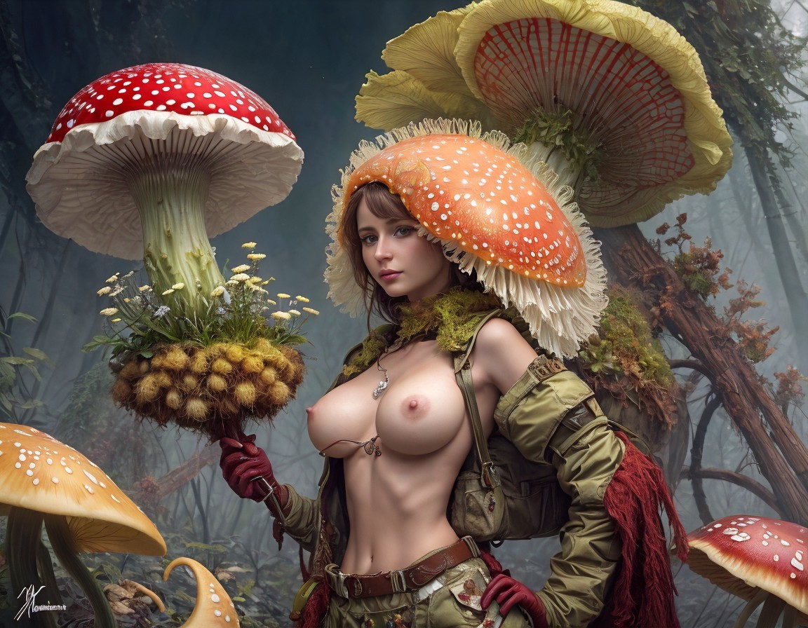 Fantasy Character with Mushroom Elements in Forest