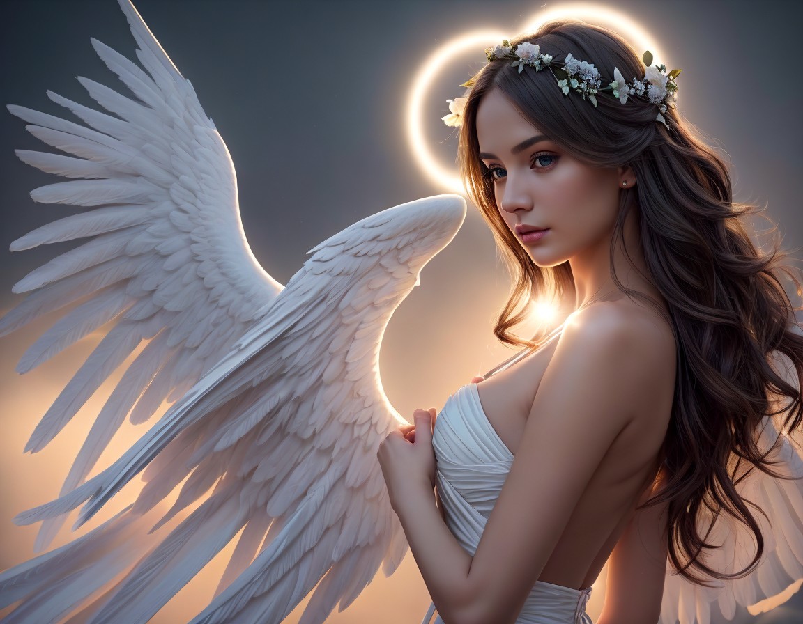 Woman with Angel Wings and Floral Halo Portrait