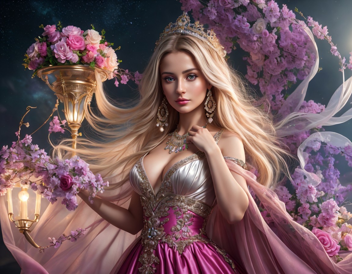 Regal woman in pink gown with flowers and chandelier