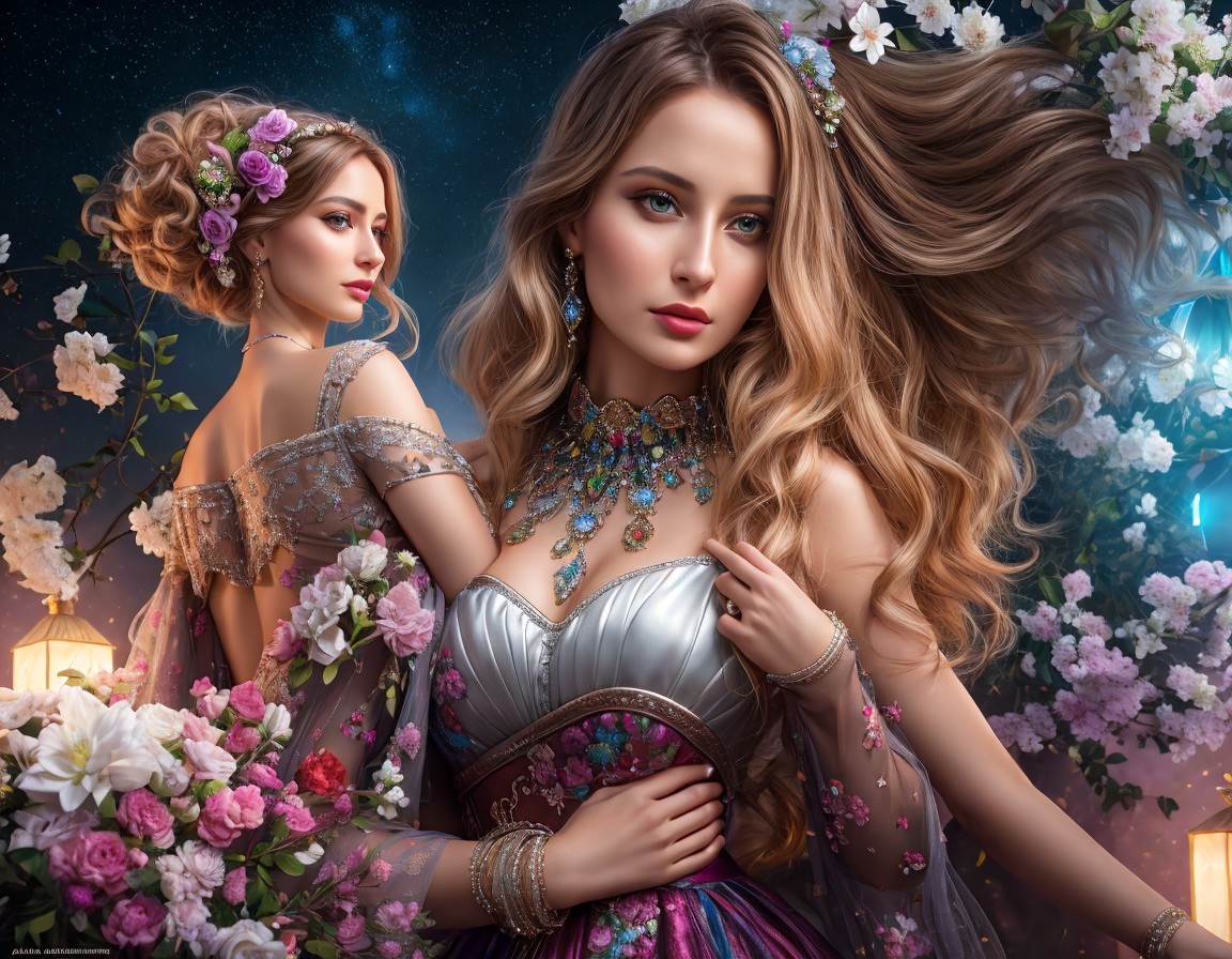 Elegant women in floral gowns under a starry night