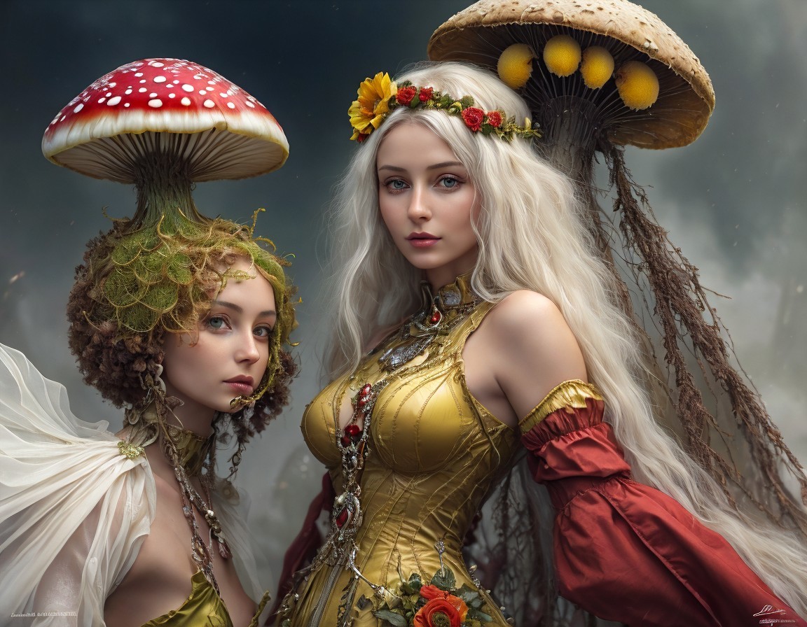 Women in Fantasy Attire with Mushroom Elements