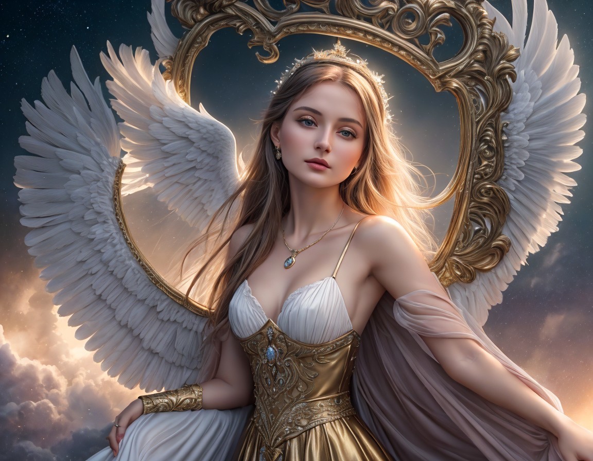 Serene Woman with Angelic Wings by Golden Mirror