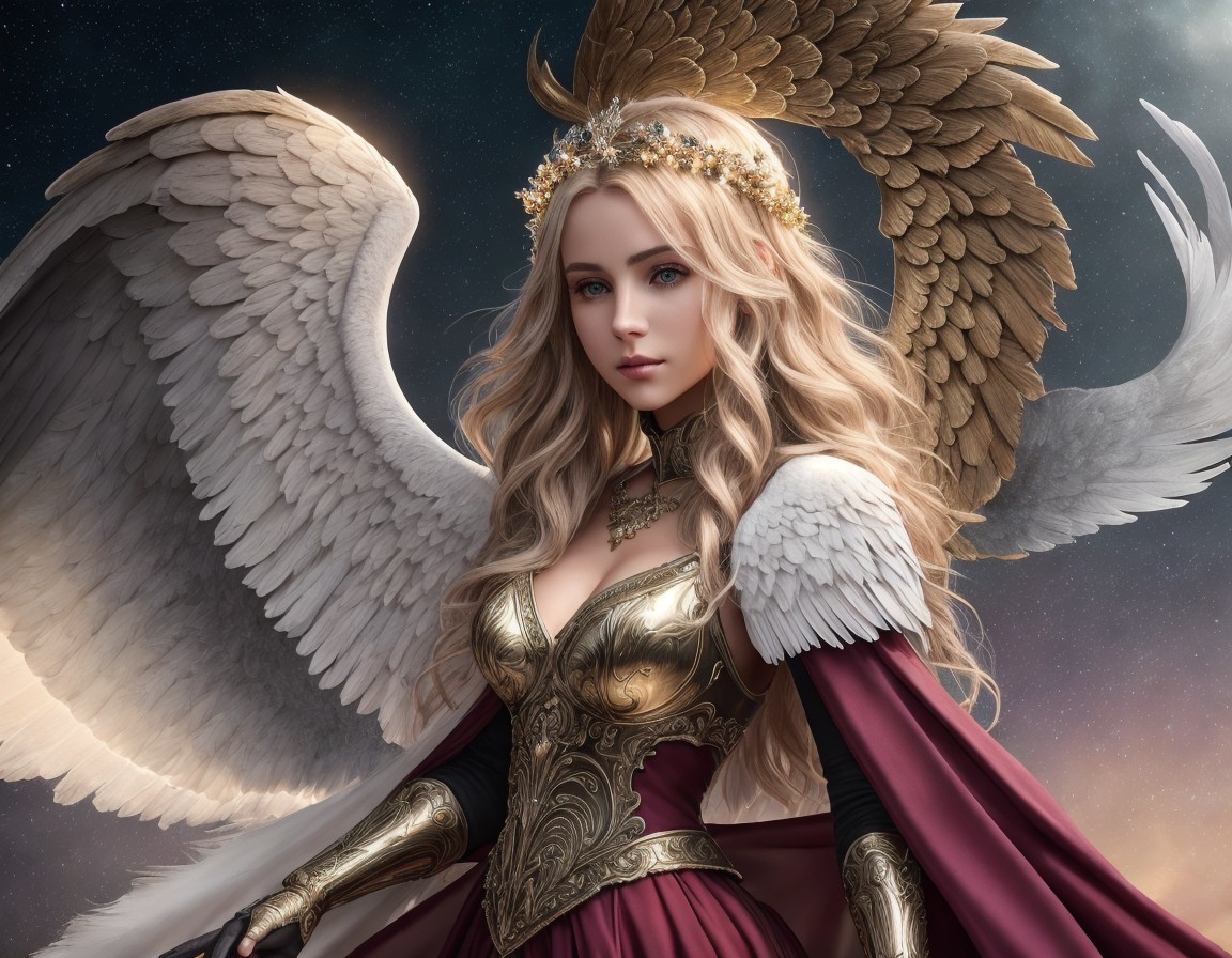 Angelic Woman with Wings and Golden Armor in Space