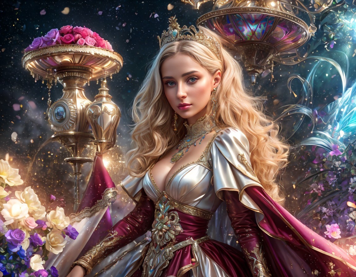 Regal Woman in Golden Armor Surrounded by Flowers