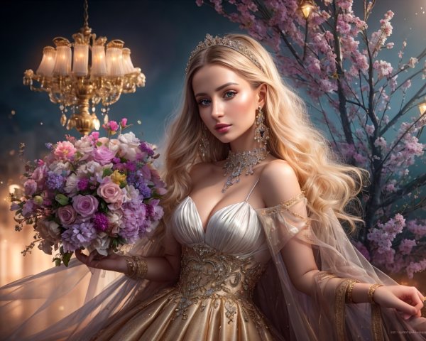 Elegant Woman in Golden Gown with Bouquet and Chandelier