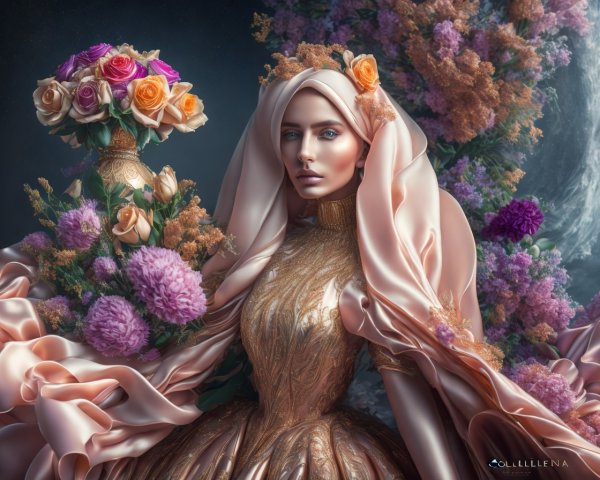 Elegant Woman in Golden Attire Surrounded by Flowers