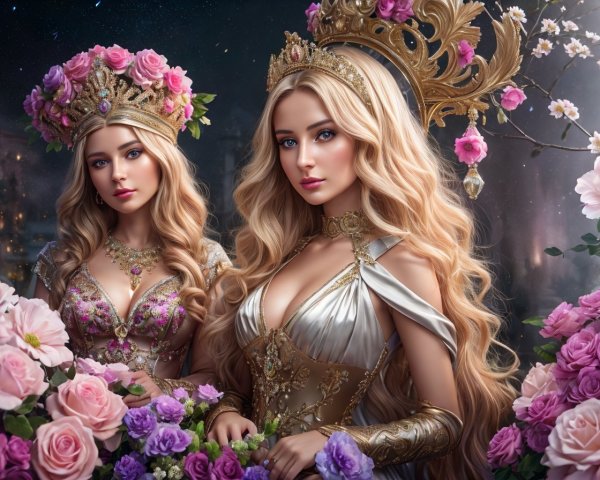 Royal Women in Elaborate Attire Surrounded by Roses