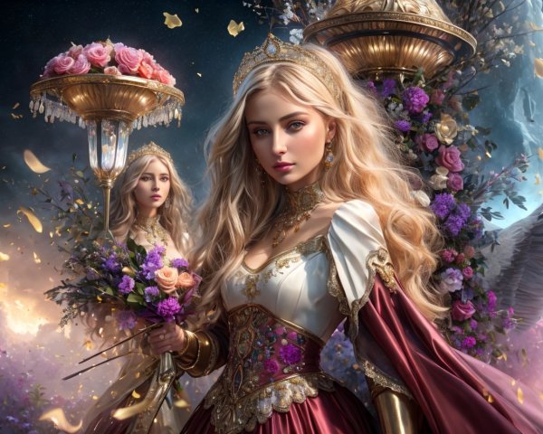 Regal woman in gown with flowers and magical light