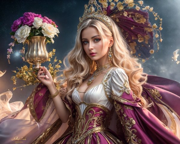 Regal woman in gold and purple gown with crown and bouquet