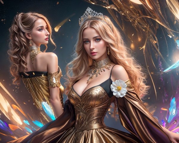Regal woman in crown and golden gown with mirror image