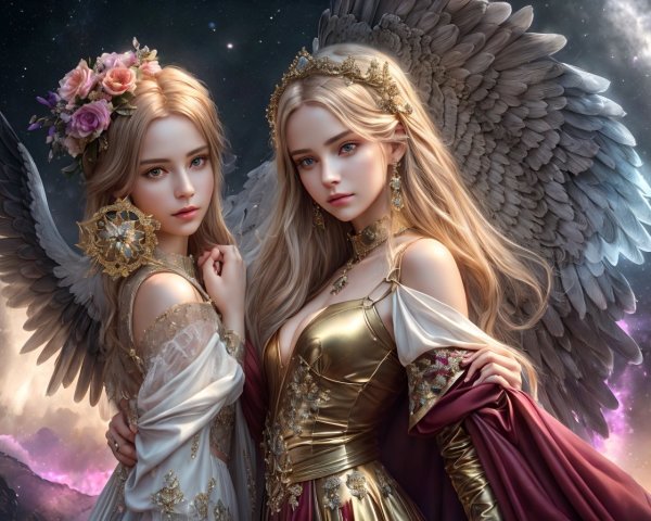 Ethereal Women with Wings in Cosmic Setting