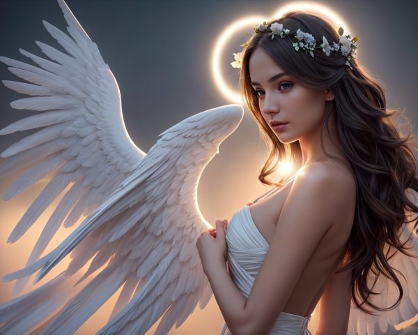 Woman with Angel Wings and Floral Halo Portrait
