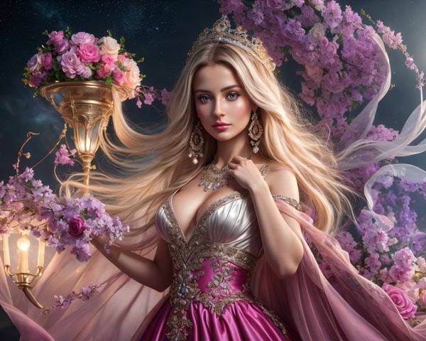Regal woman in pink gown with flowers and chandelier