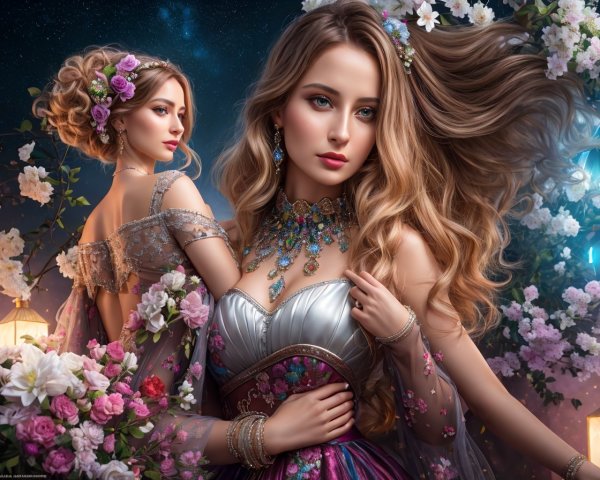 Elegant women in floral gowns under a starry night