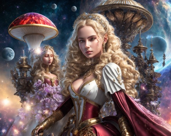 Regal Women in Renaissance Attire with Fantastical Backdrop