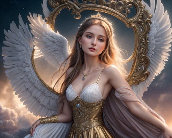 Serene Woman with Angelic Wings by Golden Mirror