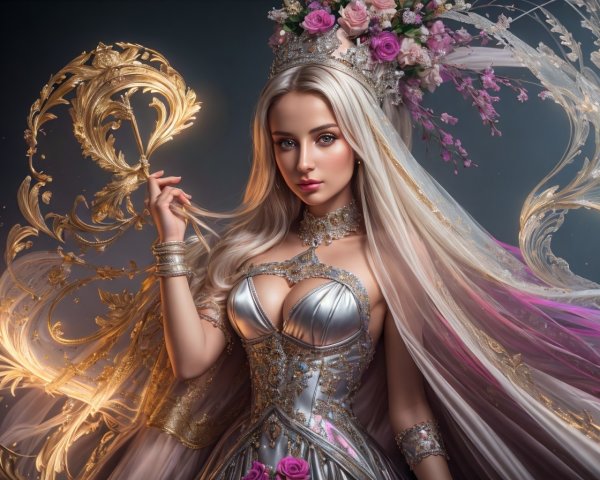 Woman in Silver and Gold Gown with Floral Crown