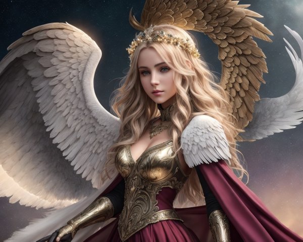 Angelic Woman with Wings and Golden Armor in Space