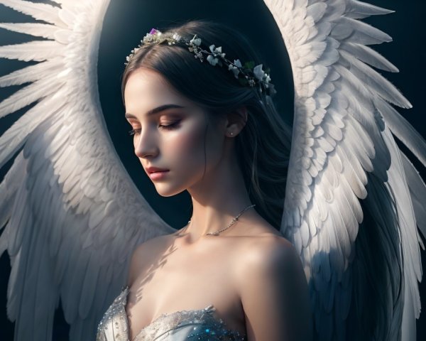 Serene Woman with Angel Wings and Floral Headpiece