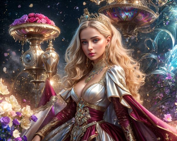Regal Woman in Golden Armor Surrounded by Flowers