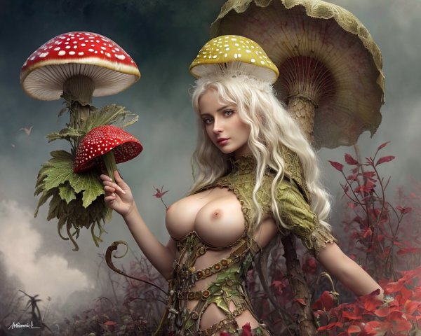 Mushroom-Themed Woman in a Mystical Forest Setting