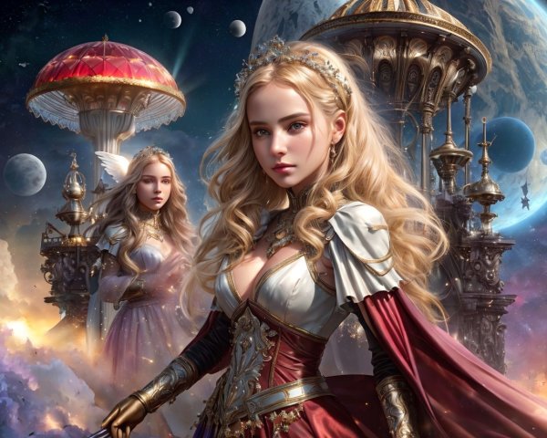 Digital Art of Women in Fantasy Attire with Cosmic Scene