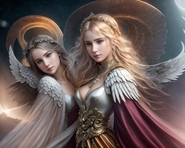 Ethereal Women with Wings and Golden Halos in Space