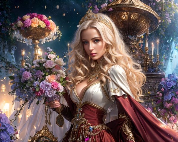 Regal Woman in Luxurious Dress Surrounded by Flowers