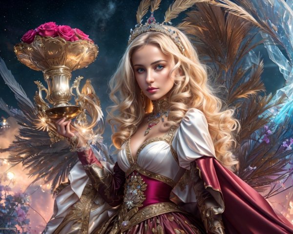 Regal Woman with Golden Cup and Ornate Attire