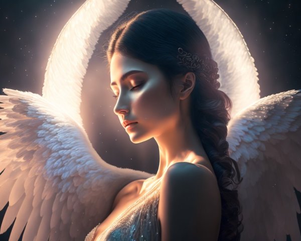 Serene Woman with Angelic Wings in Starry Scene