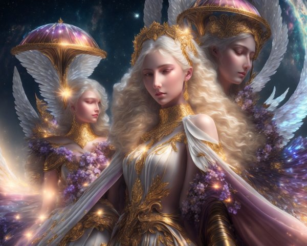 Angelic Figures in Gowns with Cosmic Background